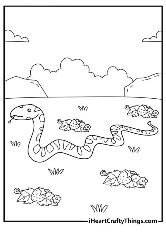A simple snake coloring sheet shows a garden snake near a strawberry patch