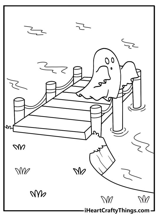 A small ghost drifts above a wooden dock in this easy coloring page