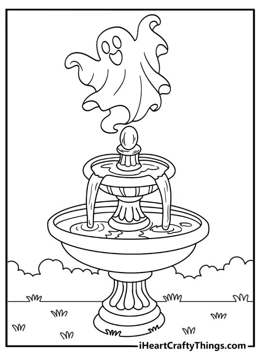A spirit glides above a forgotten garden fountain in this free coloring page