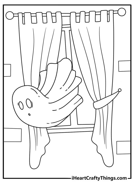 A spirit passes through a curtain in this simple ghost coloring sheet