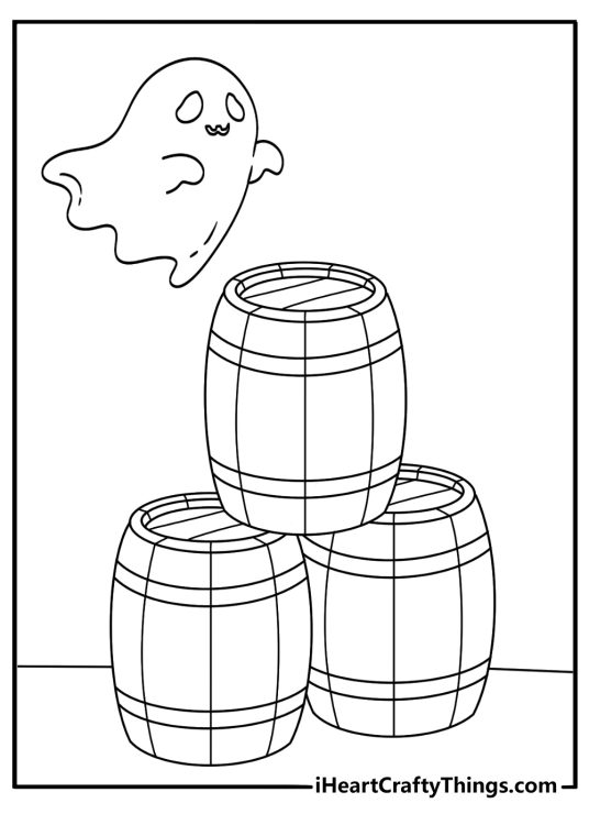 A spooky basement scene features a ghost near stacked barrels