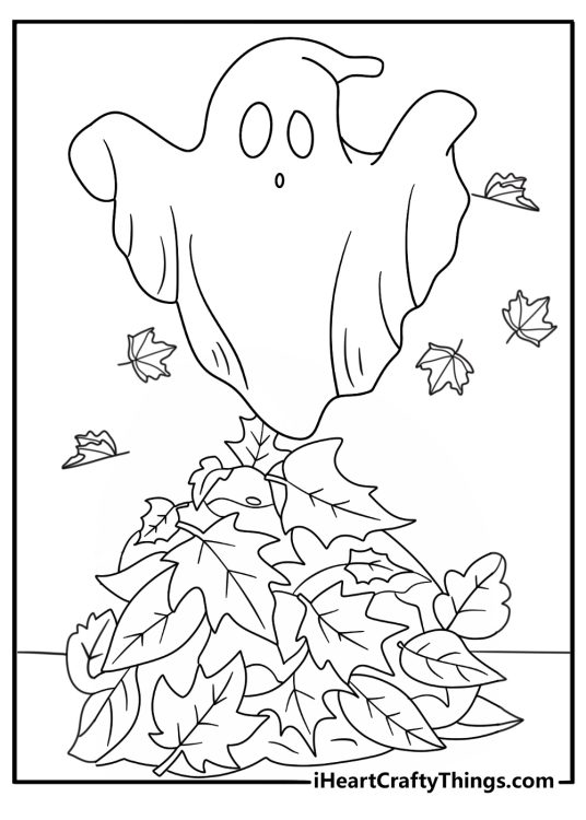 A tiny ghost floats above a pile of autumn leaves in this cute coloring sheet
