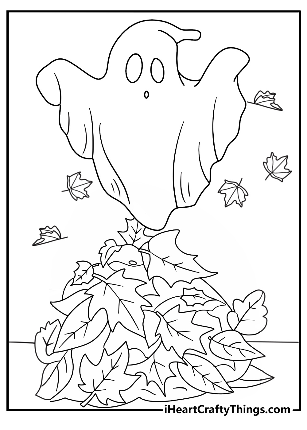 A tiny ghost floats above a pile of autumn leaves in this cute coloring sheet