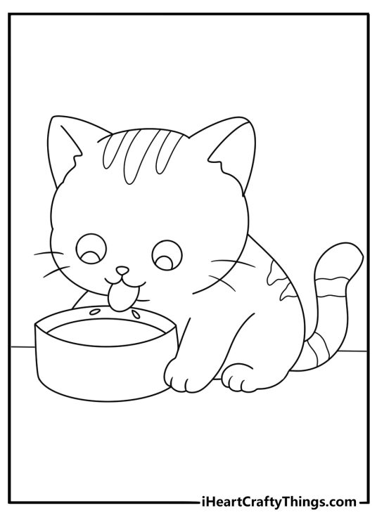 A tiny kitten drinks milk from a shallow dish in this easy coloring sheet