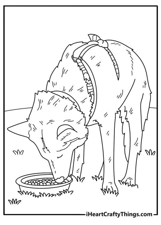 A young sled dog eats from a bowl in this simple coloring sheet