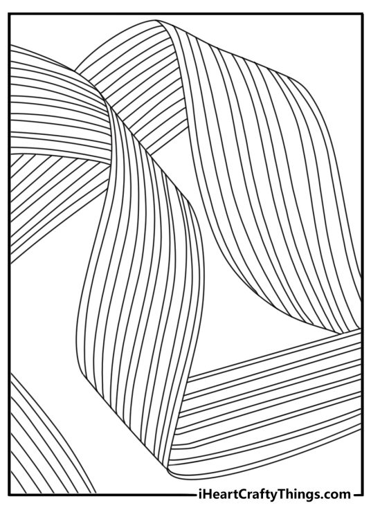 Abstract coloring page with flowing ribbon shapes across the paper