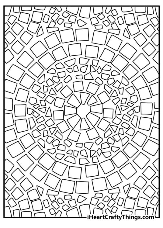 Abstract coloring printable with mosaic tiles in uneven sections