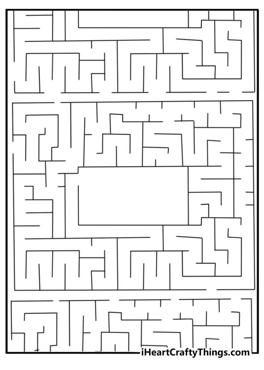 Abstract coloring sheet with a maze of squares and open spaces