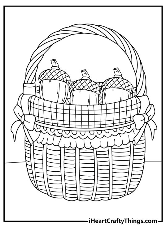 Acorn coloring page printable showing basket filled with gathered acorns