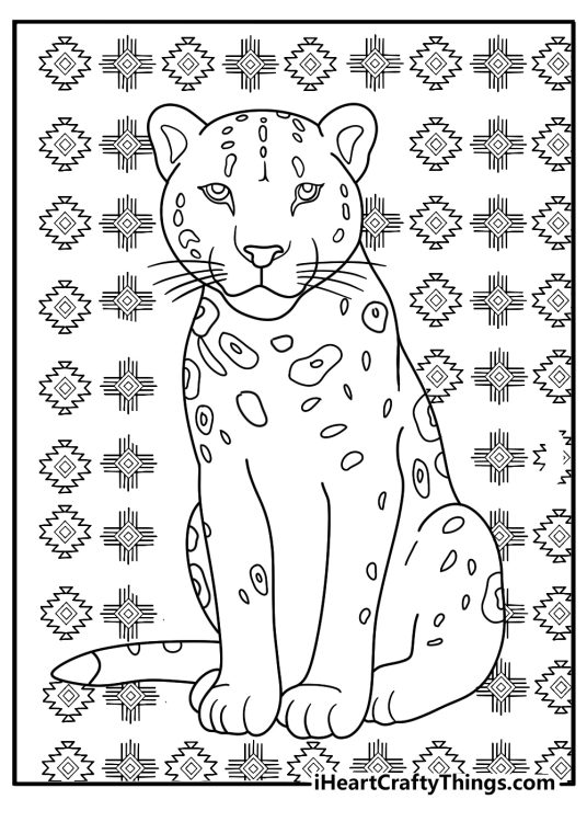 Advanced jaguar coloring printable with tribal pattern background