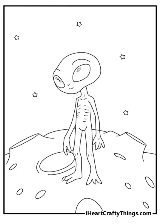 Alien coloring page for kids showing a creature beside a moon base