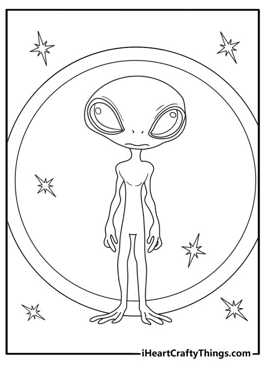 Alien coloring page showing a space visitor stepping through a glowing portal