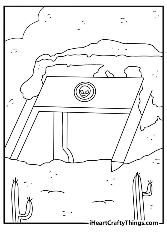 Alien coloring pages design featuring a hidden base under the desert