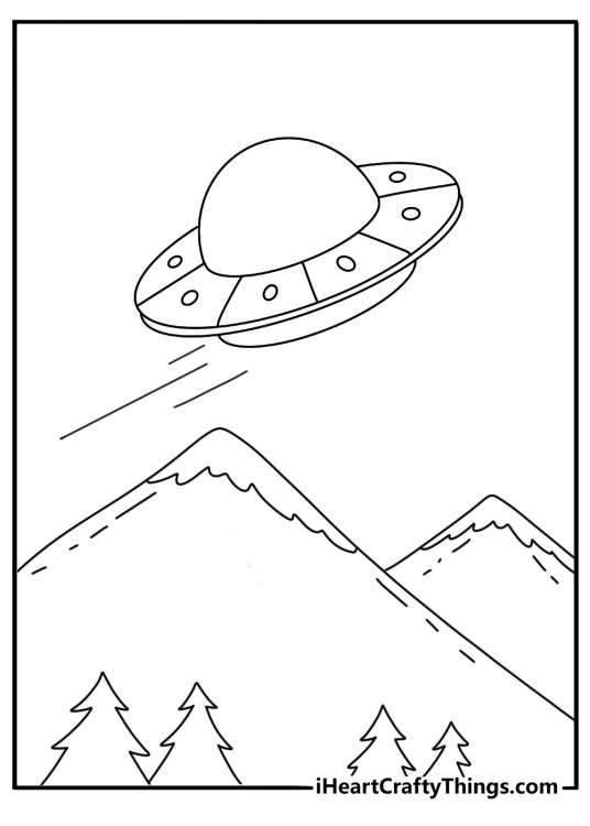 Alien coloring pages scene featuring a UFO passing over snowy mountains