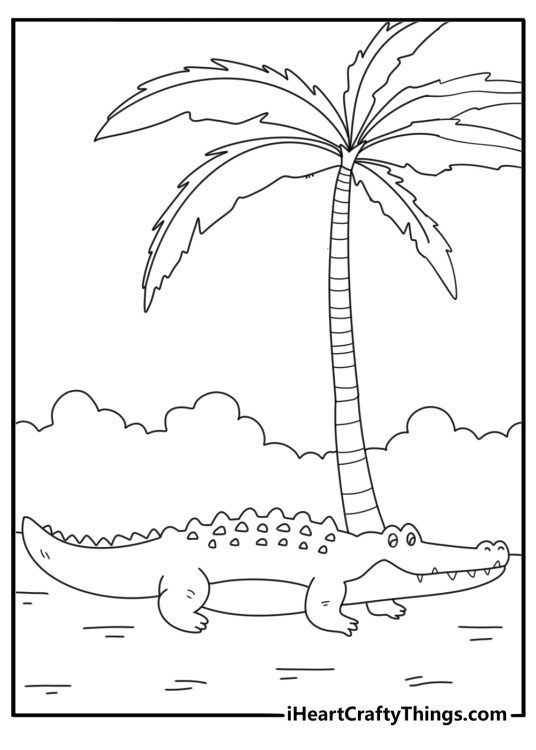 Alligator coloring pages for preschool with a simple gator under a palm tree