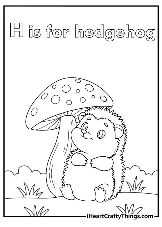 Alphabet letter H coloring pages with a hedgehog under a mushroom