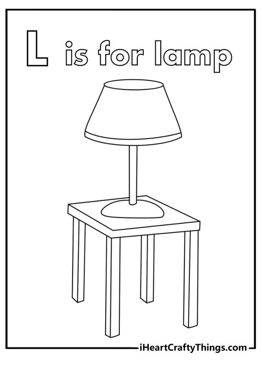 Alphabet letter L coloring pages with a lamp on a small table