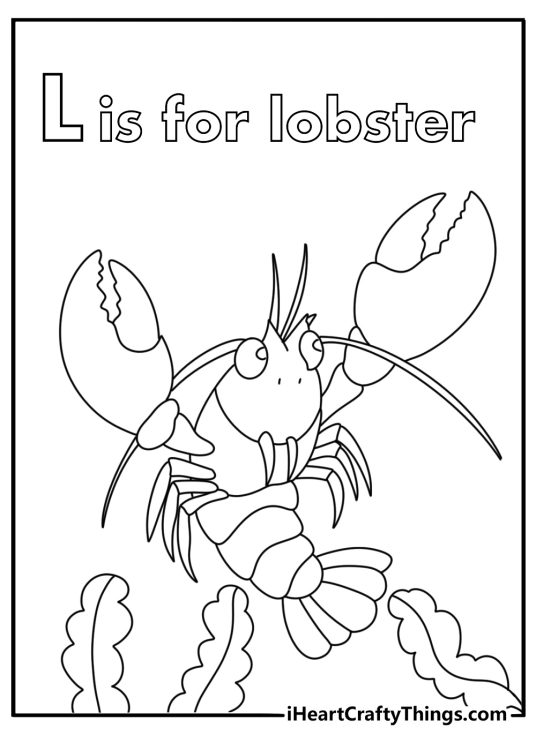 Alphabet letter L coloring pages with a lobster under seaweed