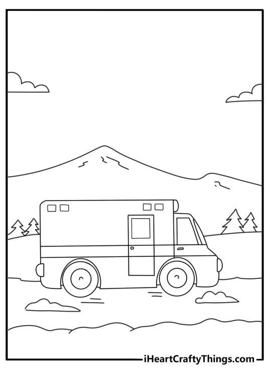 Ambulance coloring page free showing a winter rescue van on a snowy road