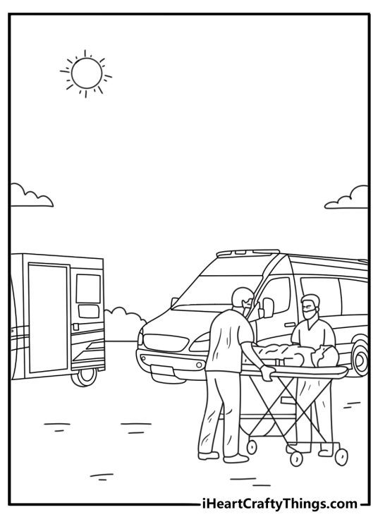 Ambulance coloring page free with a rescue team helping near a traffic scene