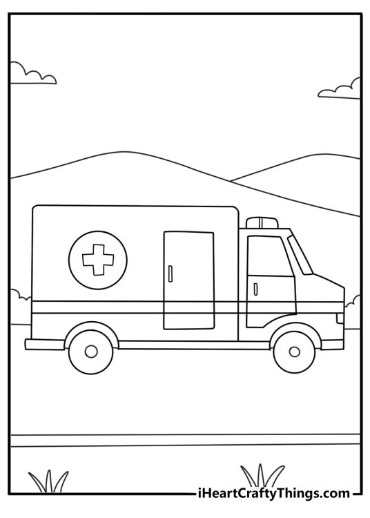 Ambulance coloring page printable showing an off road rescue van in the countryside
