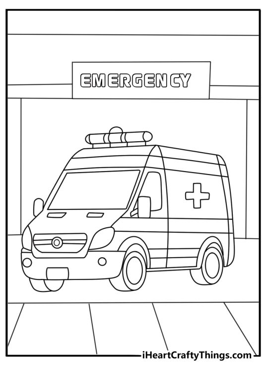Ambulance coloring page printable with a rescue vehicle parked near an emergency room