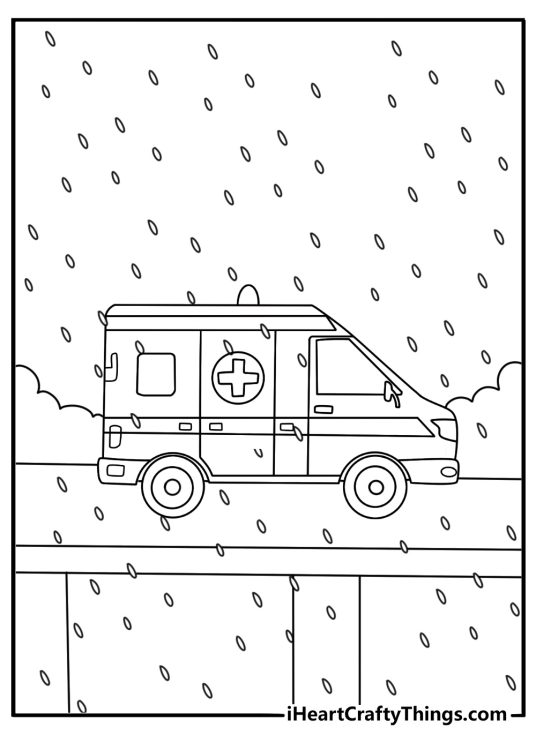 Ambulance coloring page with a rescue van crossing a bridge in heavy rain