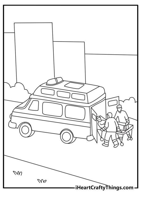 Ambulance coloring page with paramedics loading a stretcher beside the vehicle