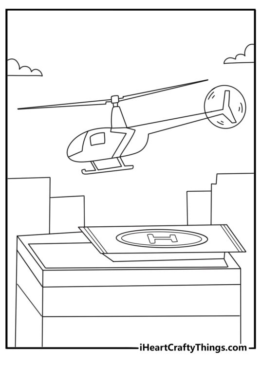 Ambulance coloring pages featuring a rescue van beside a helicopter at a landing pad