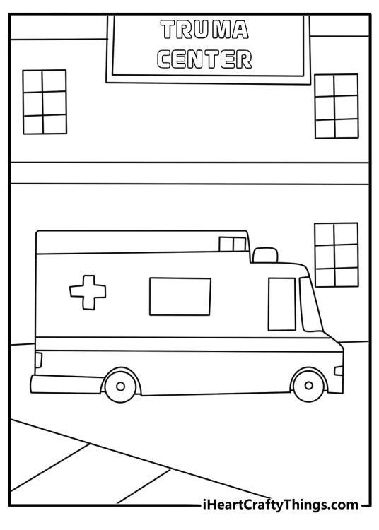 Ambulance coloring pages for adults with a modern rescue van in front of a trauma center