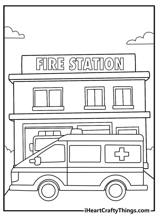 Ambulance coloring pages for kids with a rescue van near a fire station