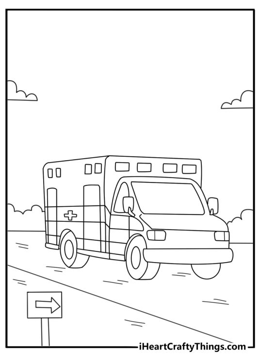 Ambulance coloring pages pdf with a rescue van parked under a highway sign