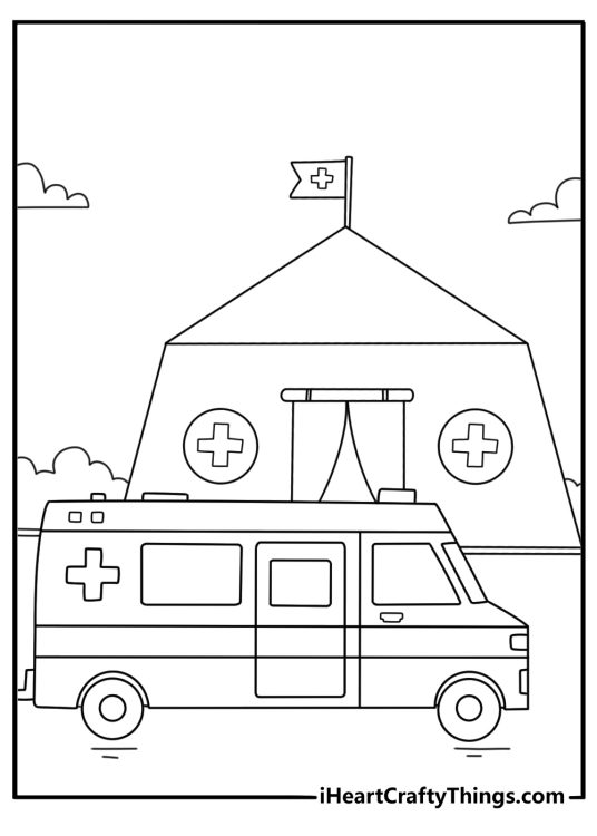Ambulance coloring pages with a rescue van at a sports field first aid tent