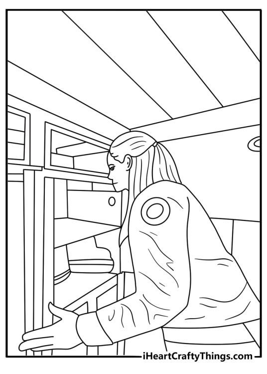 Ambulance coloring sheet showing a paramedic opening a medicine cabinet