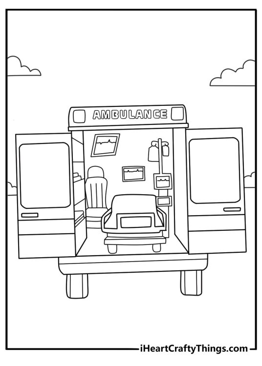 Ambulance coloring sheet with open rear doors and medical equipment inside