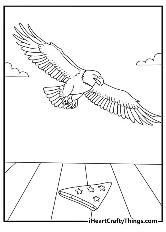 American bald eagle coloring page with an eagle beside a folded flag