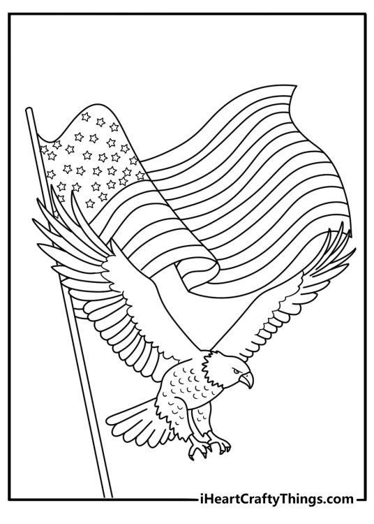 American bald eagle coloring pages with an eagle and stars behind a flag