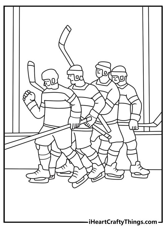 An NHL player celebrates beside the boards in this detailed coloring page