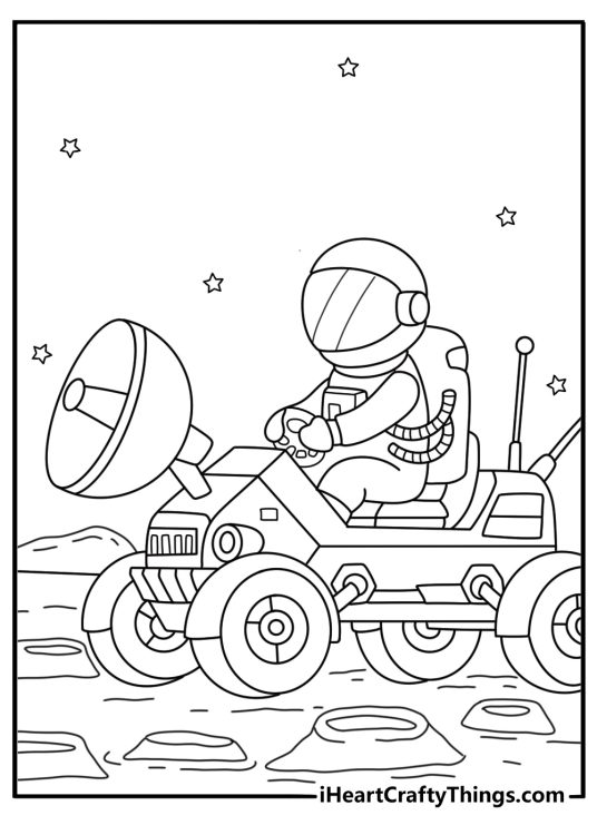 An alien astronaut drives a rover across a dusty moon in this coloring sheet