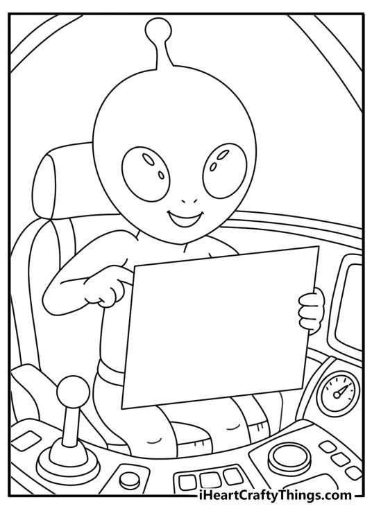 An alien pilot studies a star map inside a spaceship cockpit