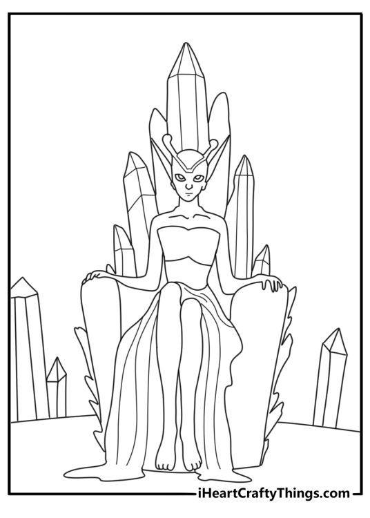 An alien queen sits on a crystal throne in this fantasy coloring sheet