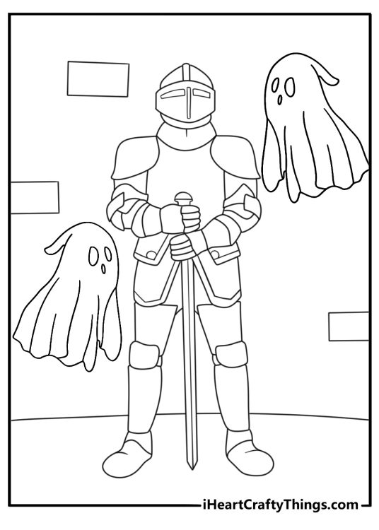 An empty suit of armor stands beside a ghost in this detailed printable