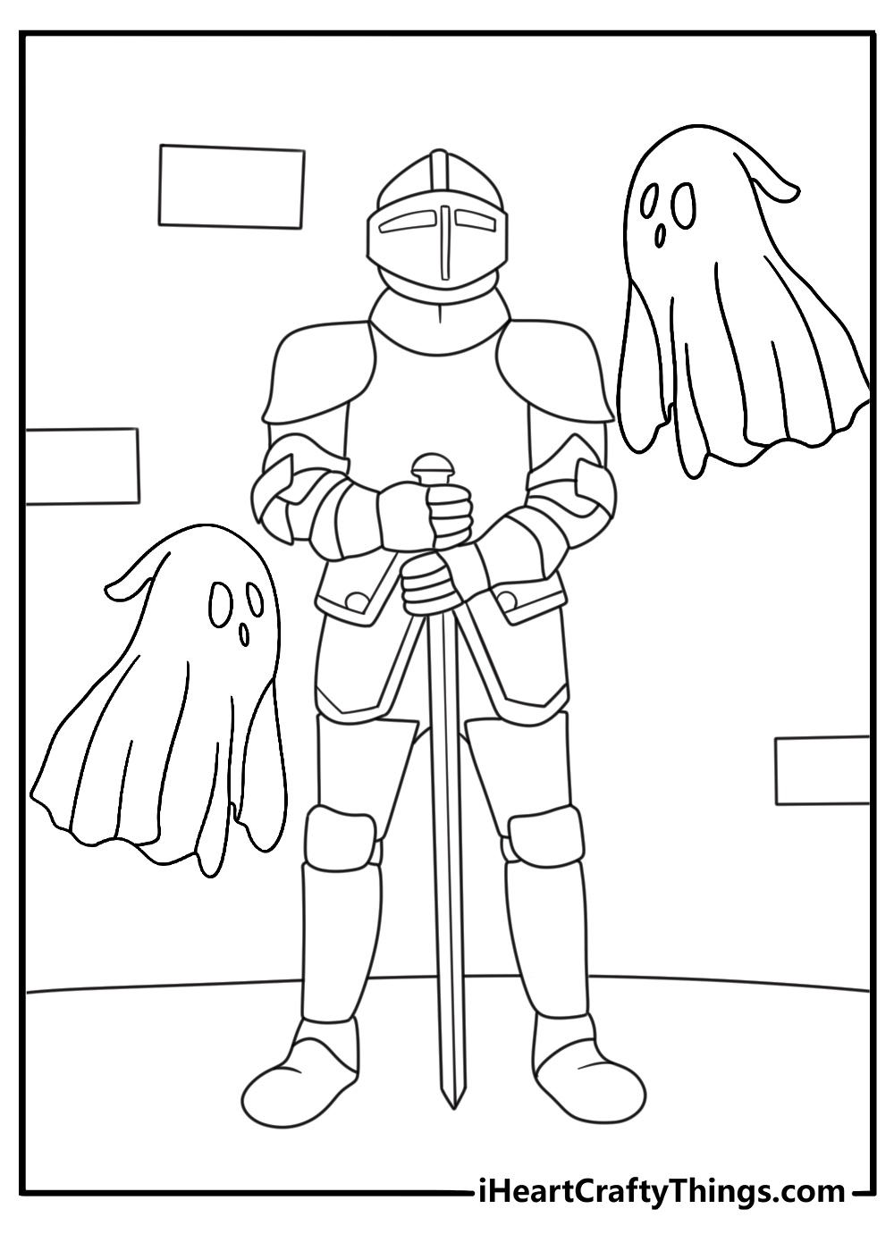 An empty suit of armor stands beside a ghost in this detailed printable