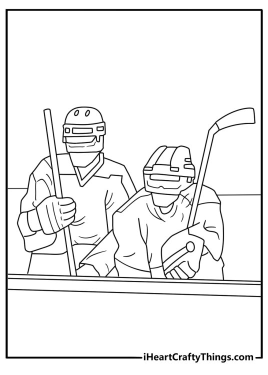 An ice rink with team benches appears in this hockey coloring page