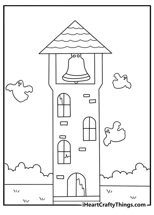 An old bell tower surrounds a floating spirit in this detailed coloring page