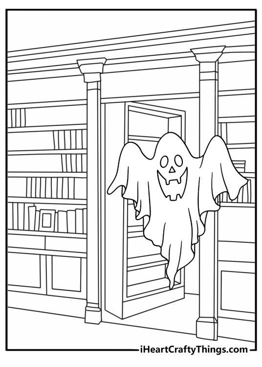 An old library doorway frames a floating spirit in this coloring page