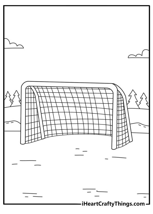 An outdoor frozen pond with hockey nets fills this winter printable