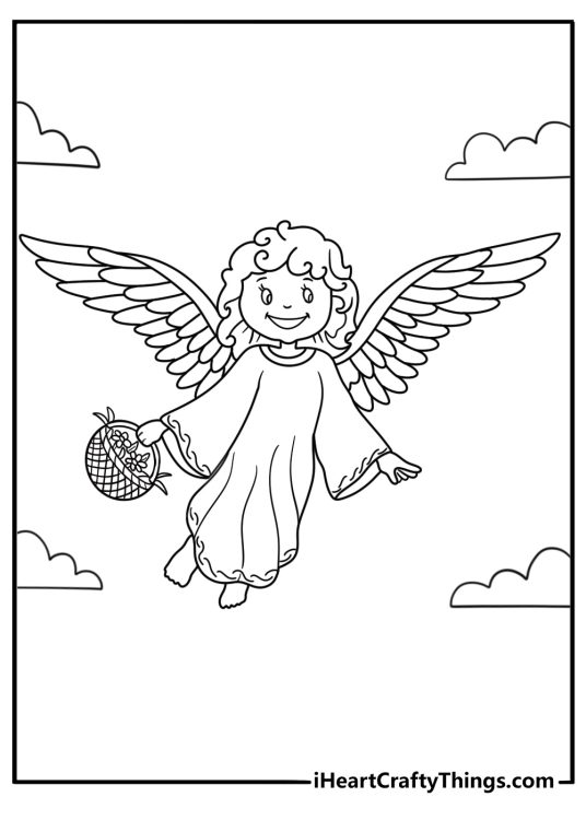 Angel carrying a basket of spring flowers printable coloring sheet