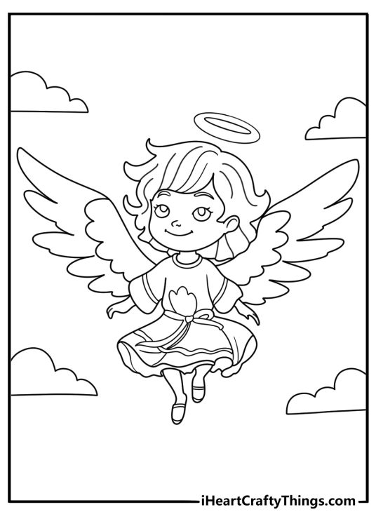Angel flying above soft clouds easy coloring page for children