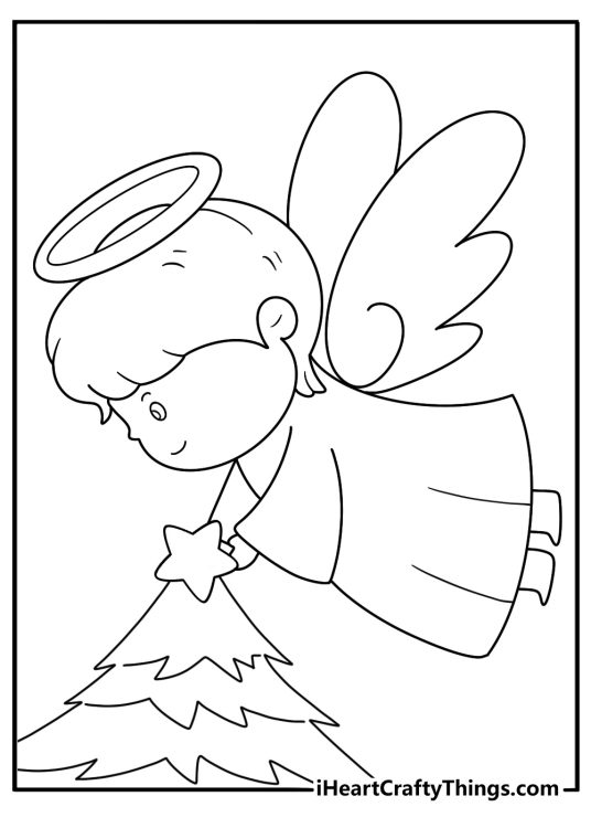 Angel gently placing a star on a Christmas tree alternative coloring page for kids